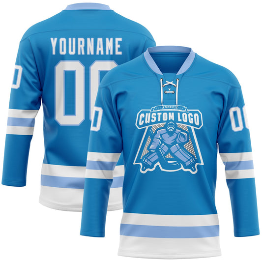 Custom Blue White-Light Blue Hockey Lace Neck Jersey - Sky-Custom