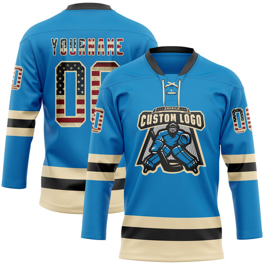 Custom Blue Vintage USA Flag Cream-Black Hockey Lace Neck Jersey - Sky-Custom