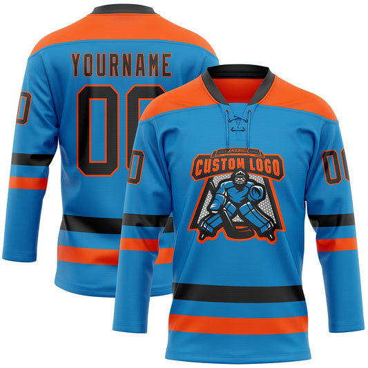 Custom Blue Black-Orange Hockey Lace Neck Jersey - Sky-Custom