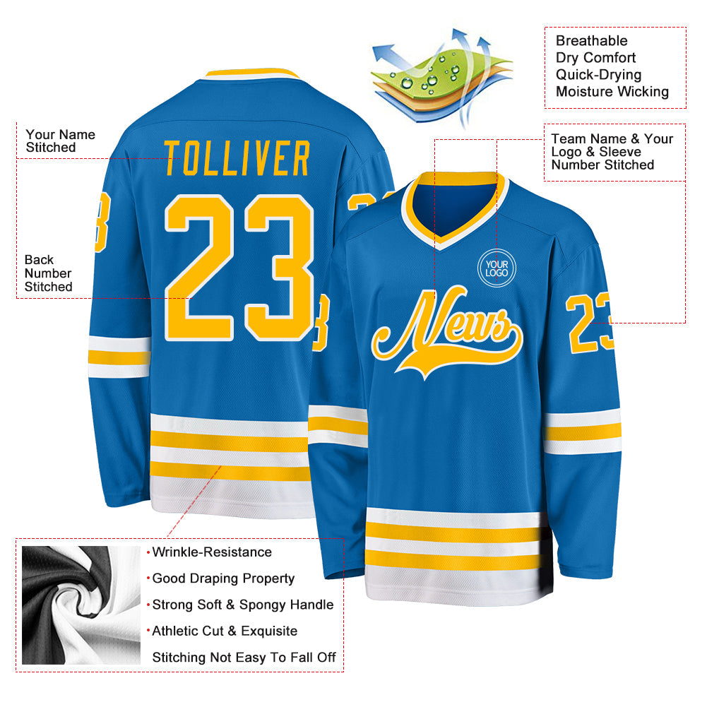 Custom Blue Gold-White Hockey Jersey - Sky-Custom