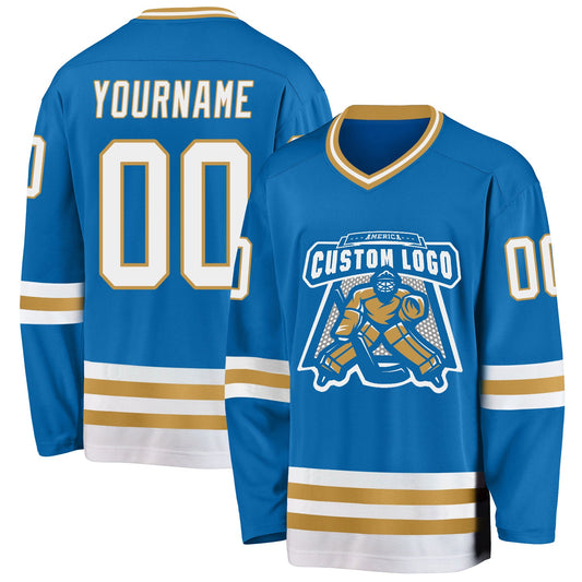 Custom Blue White-Old Gold Hockey Jersey - Sky-Custom