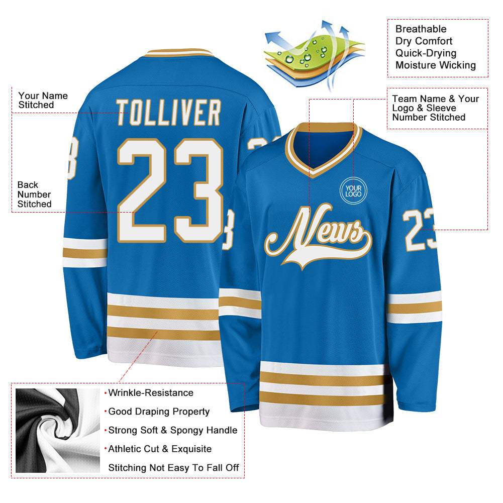 Custom Blue White-Old Gold Hockey Jersey - Sky-Custom