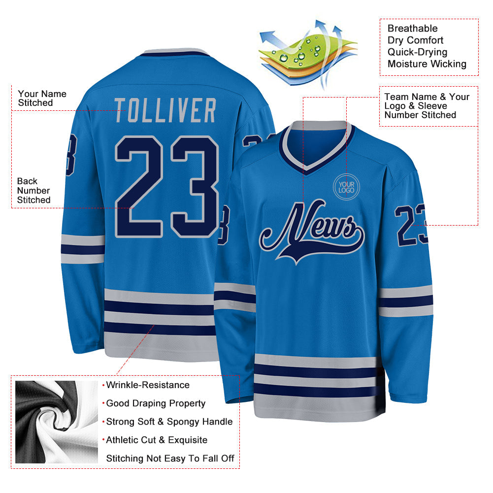 Custom Blue Navy-Gray Hockey Jersey - Sky-Custom