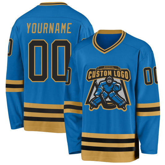 Custom Blue Black-Old Gold Hockey Jersey - Sky-Custom
