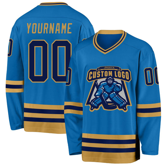 Custom Blue Navy-Old Gold Hockey Jersey - Sky-Custom