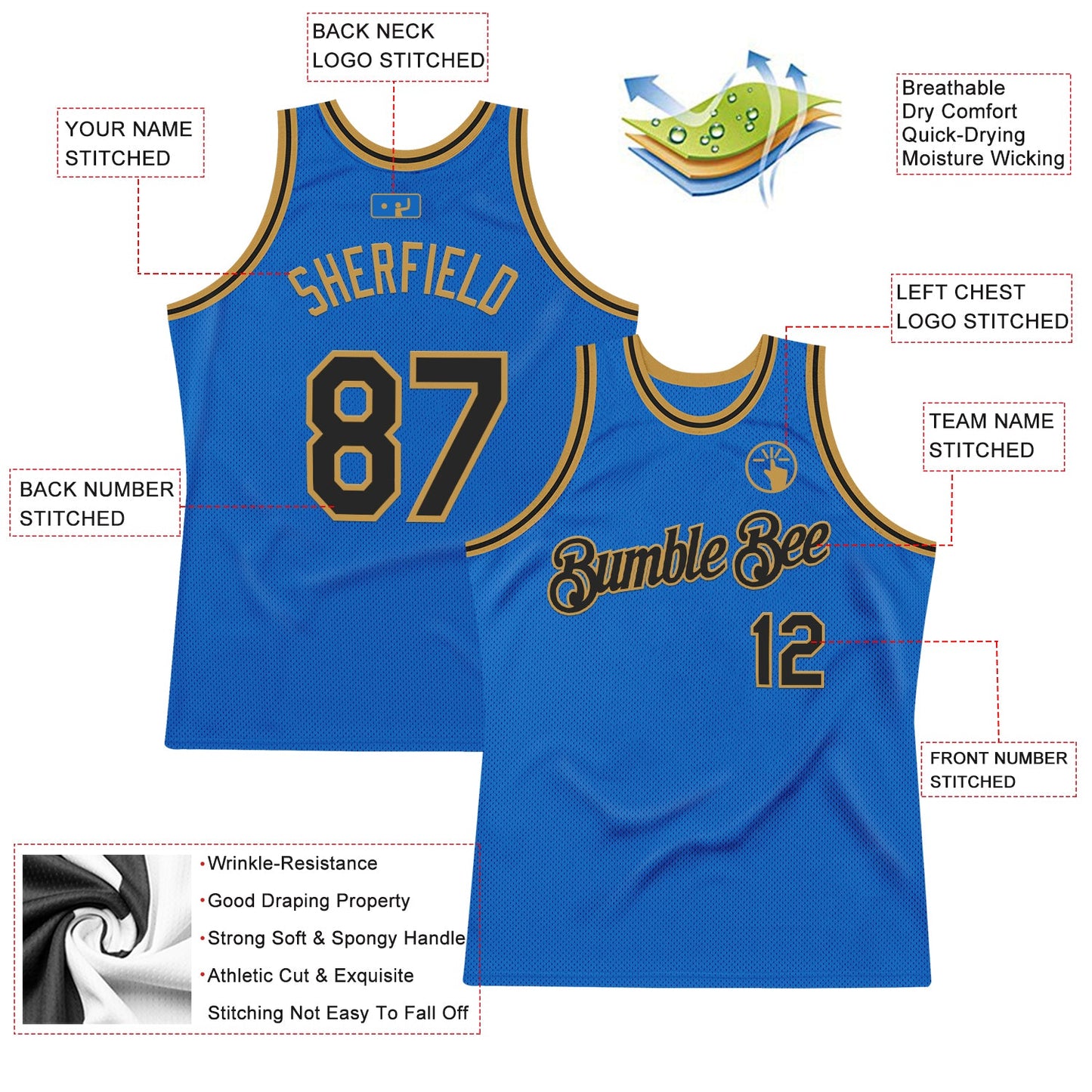 Custom Blue Black-Old Gold Authentic Throwback Basketball Jersey - Sky-Custom