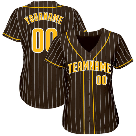 Custom Brown White Pinstripe Gold-White Authentic Baseball Jersey - Sky-Custom