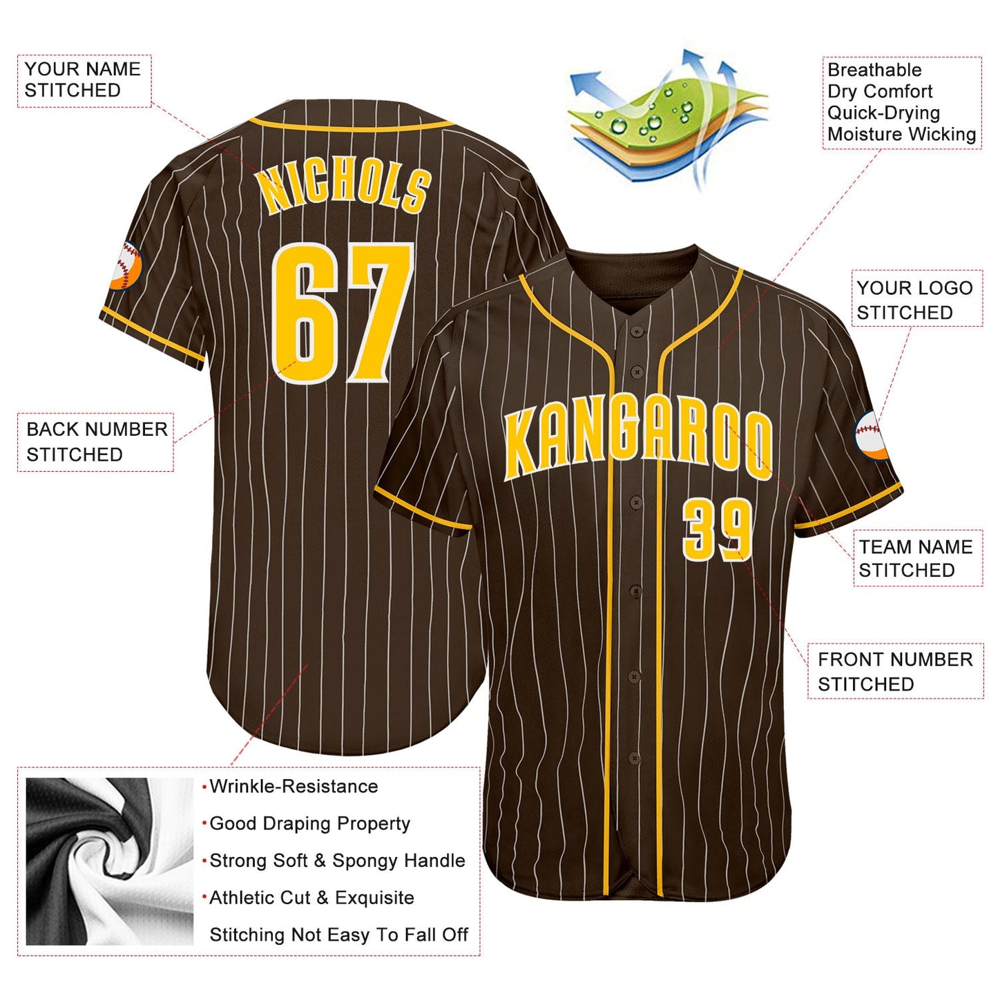 Custom Brown White Pinstripe Gold-White Authentic Baseball Jersey - Sky-Custom