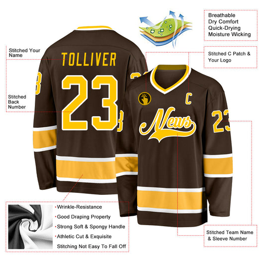 Custom Brown Gold-White Hockey Jersey - Sky-Custom