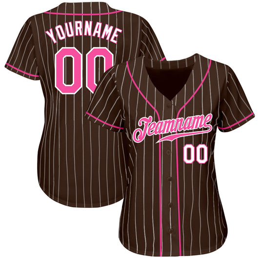 Custom Brown White Pinstripe Pink-White Authentic Baseball Jersey - Sky-Custom