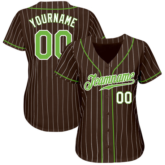 Custom Brown White Pinstripe Neon Green-White Authentic Baseball Jersey - Sky-Custom