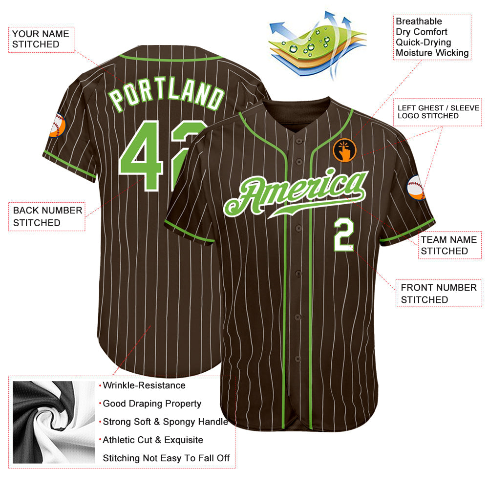 Custom Brown White Pinstripe Neon Green-White Authentic Baseball Jersey - Sky-Custom