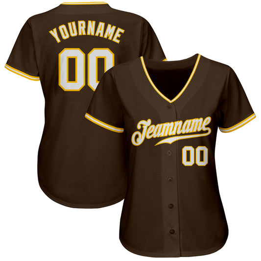 Custom Brown White-Gold Authentic Baseball Jersey - Sky-Custom
