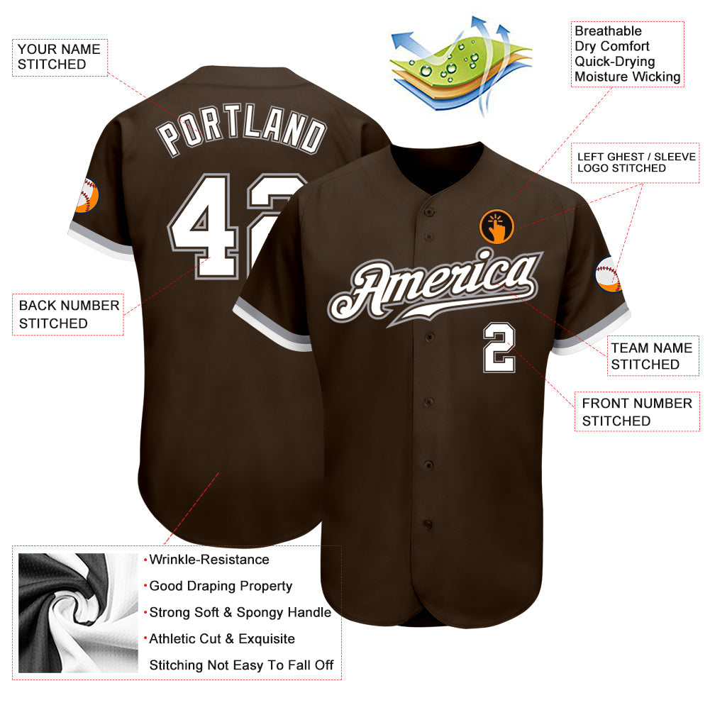 Custom Brown White-Gray Authentic Baseball Jersey - Sky-Custom