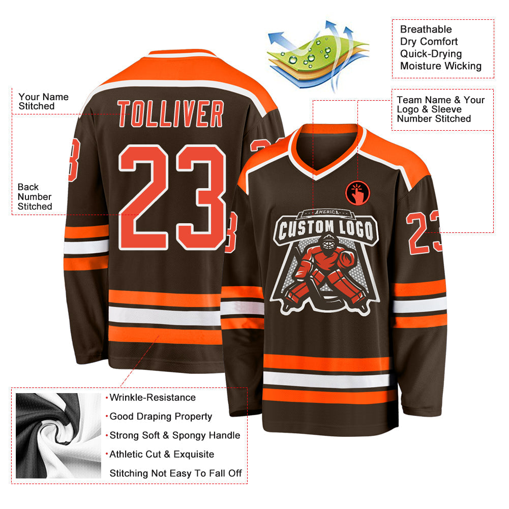 Custom Brown Orange-White Hockey Jersey - Sky-Custom