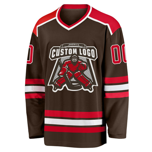 Custom Brown Red-White Hockey Jersey - Sky-Custom