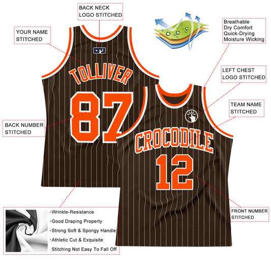 Custom Brown White Pinstripe Orange Authentic Basketball Jersey - Sky-Custom