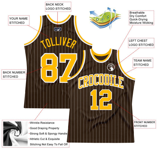 Custom Brown White Pinstripe Gold Authentic Basketball Jersey - Sky-Custom