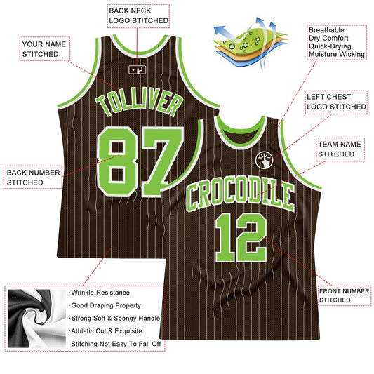 Custom Brown White Pinstripe Neon Green Authentic Basketball Jersey - Sky-Custom