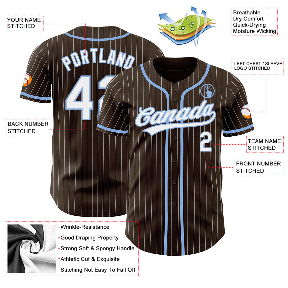 Custom Brown White Pinstripe Light Blue Authentic Baseball Jersey - Sky-Custom