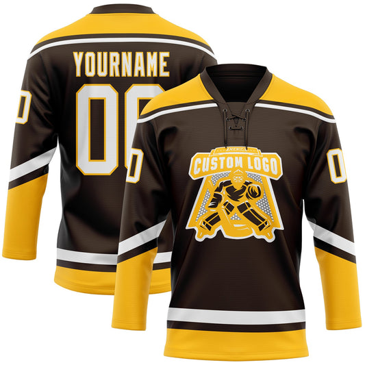 Custom Brown White-Gold Hockey Lace Neck Jersey - Sky-Custom