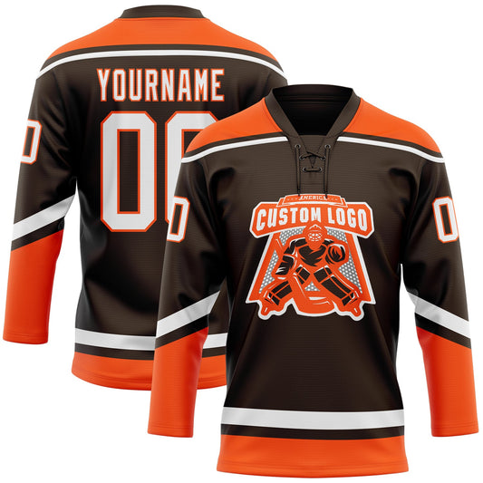 Custom Brown White-Orange Hockey Lace Neck Jersey - Sky-Custom