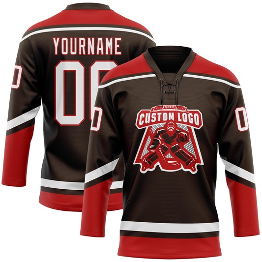 Custom Brown White-Red Hockey Lace Neck Jersey - Sky-Custom