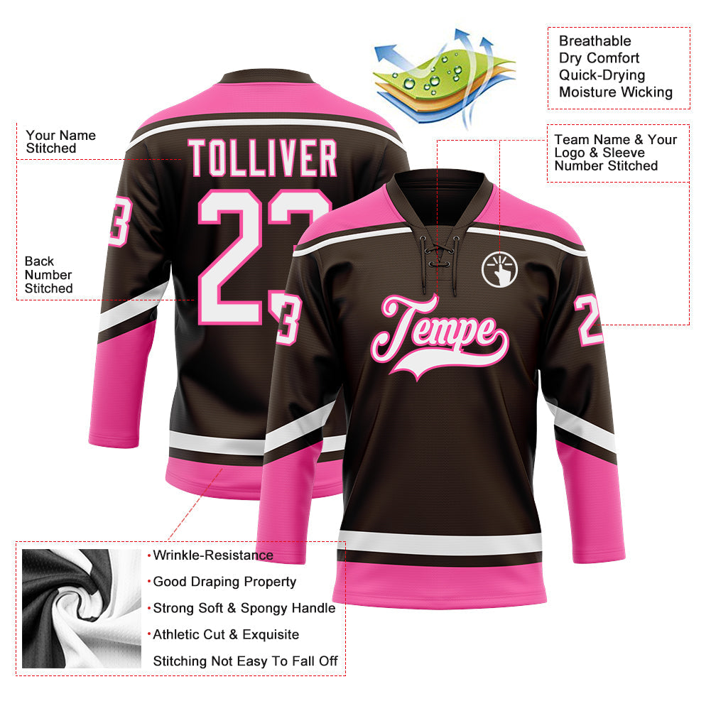 Custom Brown White-Pink Hockey Lace Neck Jersey - Sky-Custom