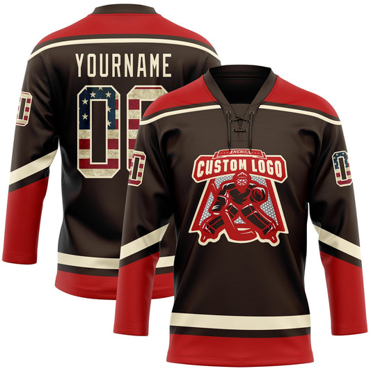 Custom Brown Vintage USA Flag Cream-Red Hockey Lace Neck Jersey - Sky-Custom