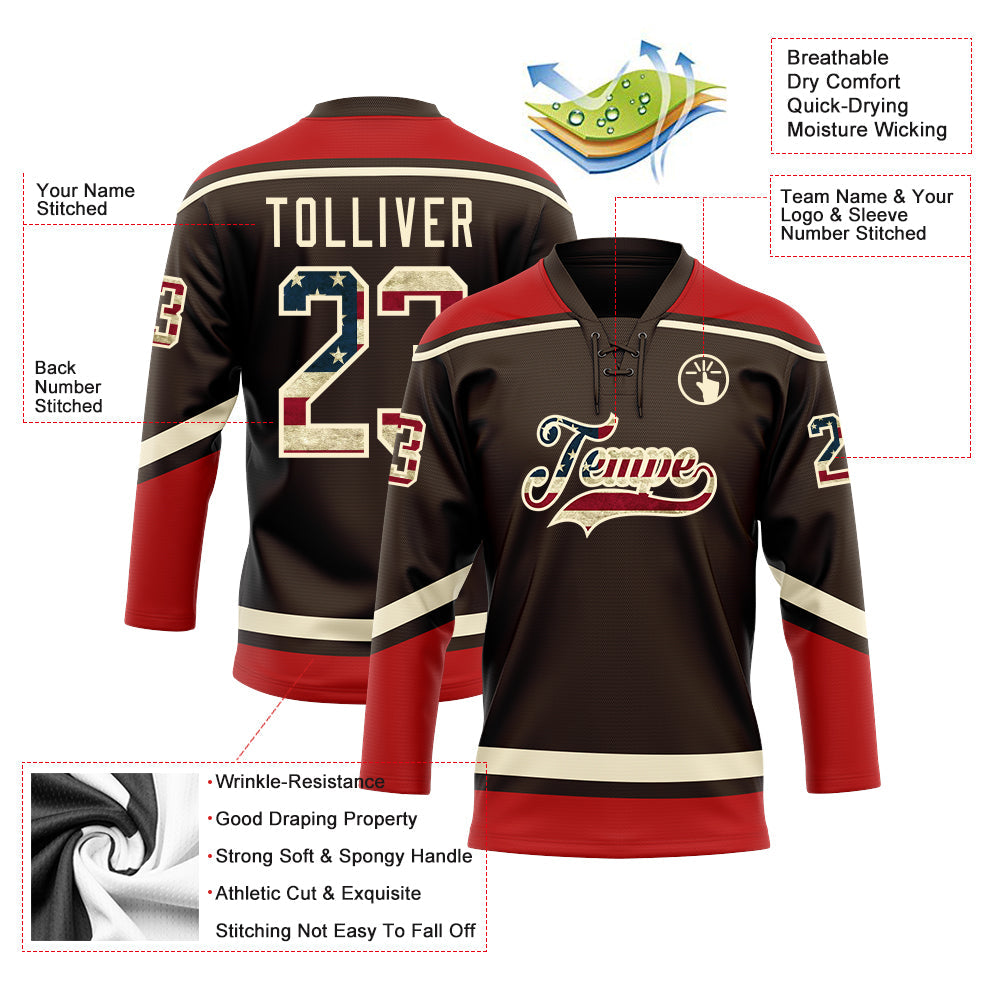 Custom Brown Vintage USA Flag Cream-Red Hockey Lace Neck Jersey - Sky-Custom