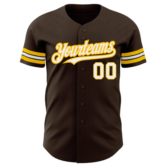 Custom Brown White-Gold Authentic Baseball Jersey - Sky-Custom