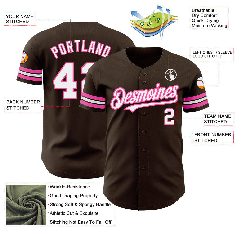 Custom Brown White-Pink Authentic Baseball Jersey - Sky-Custom