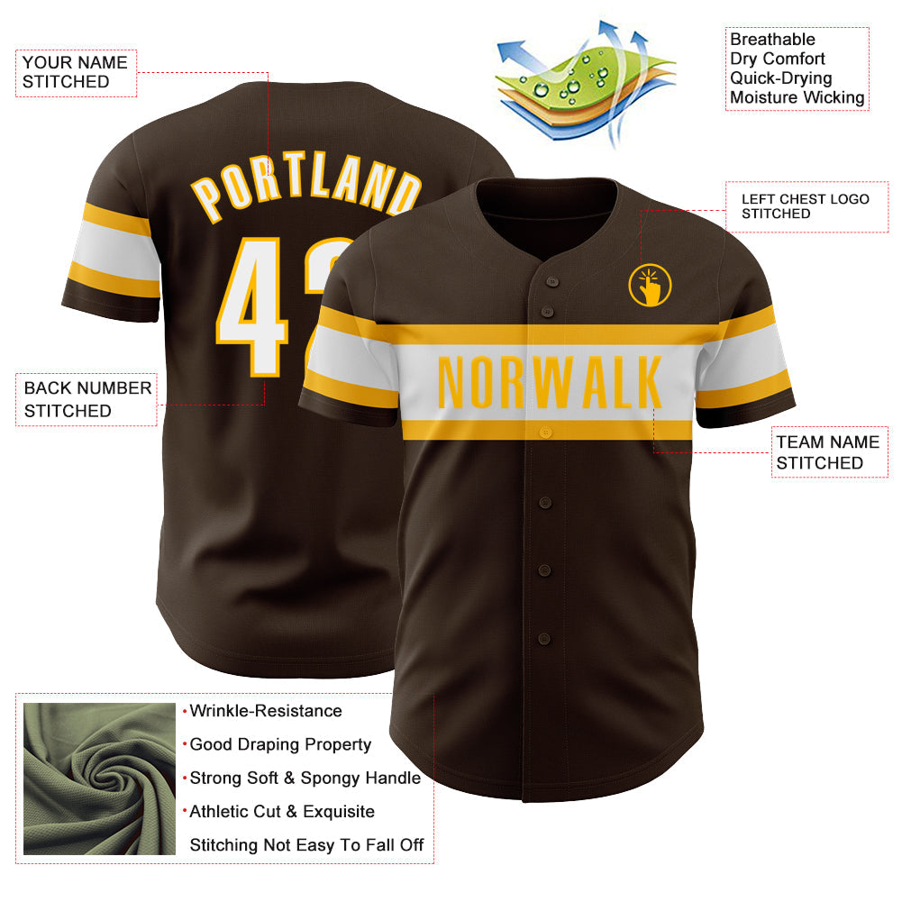 Custom Brown White-Gold Authentic Baseball Jersey - Sky-Custom