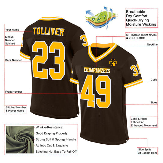 Custom Brown Gold-White Mesh Authentic Throwback Football Jersey - Sky-Custom