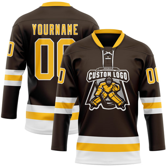Custom Brown Gold-White Hockey Lace Neck Jersey - Sky-Custom