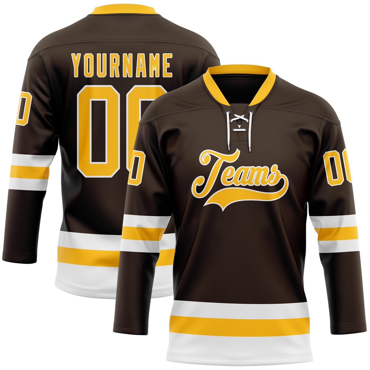 Custom Brown Gold-White Hockey Lace Neck Jersey - Sky-Custom