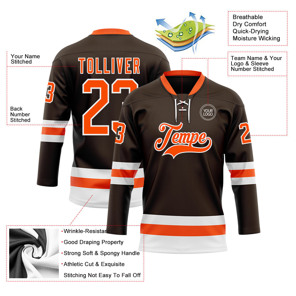 Custom Brown Orange-White Hockey Lace Neck Jersey - Sky-Custom