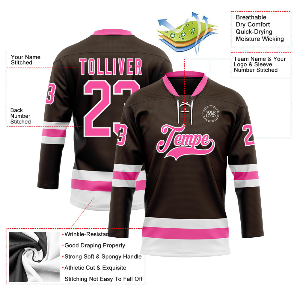 Custom Brown Pink-White Hockey Lace Neck Jersey - Sky-Custom