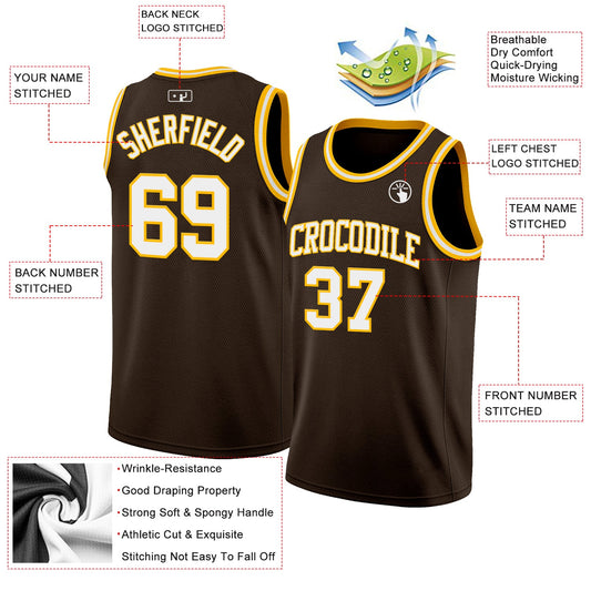 Custom Brown White-Gold Authentic Basketball Jersey - Sky-Custom