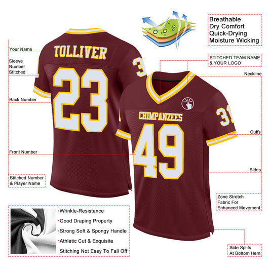 Custom Burgundy White-Gold Mesh Authentic Throwback Football Jersey - Sky-Custom