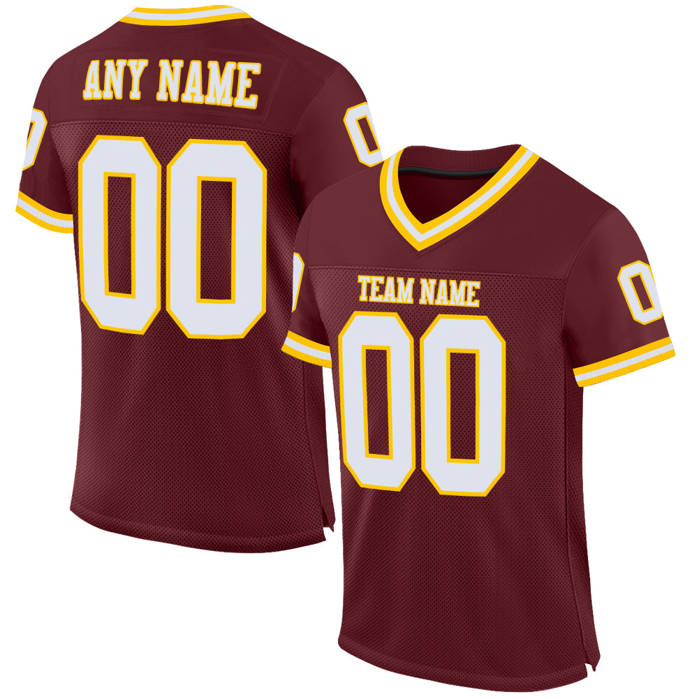 Custom Burgundy White-Gold Mesh Authentic Throwback Football Jersey - Sky-Custom