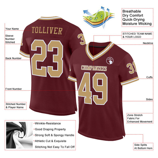Custom Burgundy Old Gold-White Mesh Authentic Throwback Football Jersey - Sky-Custom