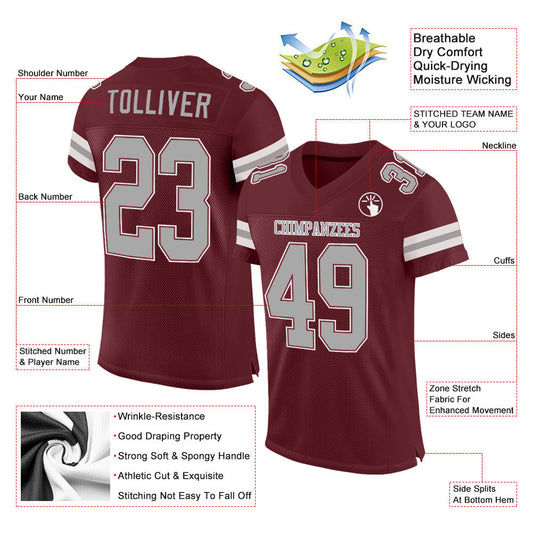 Custom Burgundy Gray-White Mesh Authentic Football Jersey - Sky-Custom