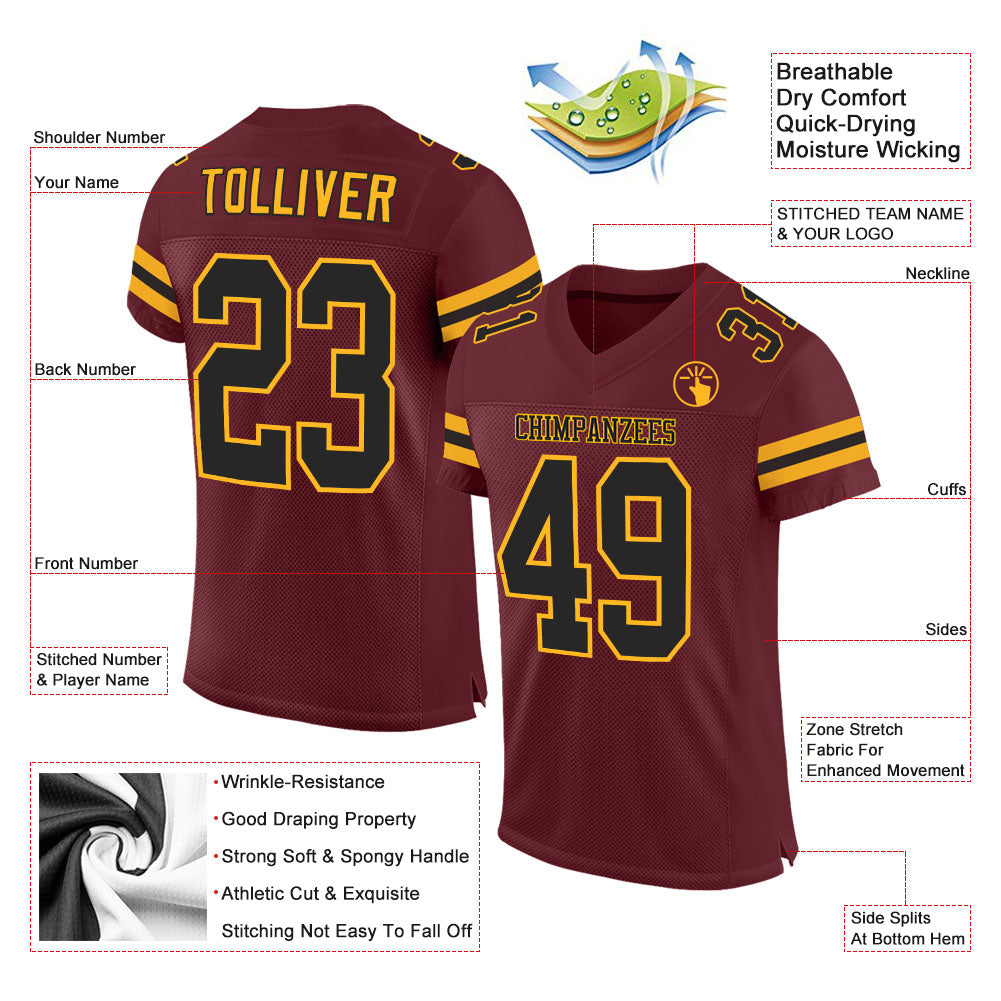 Custom Burgundy Black-Gold Mesh Authentic Football Jersey - Sky-Custom