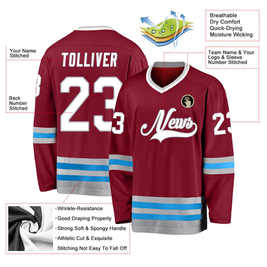 Custom Burgundy White-Blue Hockey Jersey - Sky-Custom