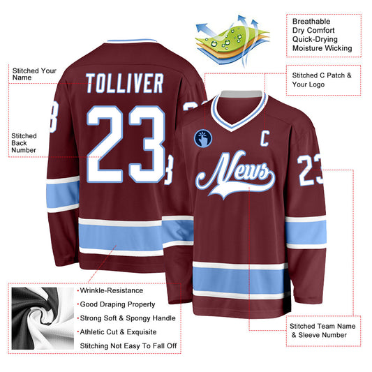 Custom Burgundy White-Light Blue Hockey Jersey - Sky-Custom