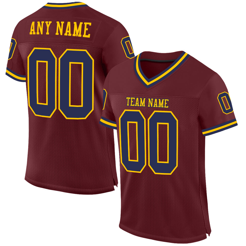 Custom Burgundy Navy-Gold Mesh Authentic Throwback Football Jersey - Sky-Custom
