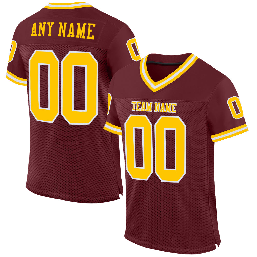 Custom Burgundy Gold-White Mesh Authentic Throwback Football Jersey - Sky-Custom