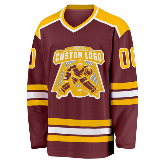 Custom Burgundy Gold-White Hockey Jersey - Sky-Custom