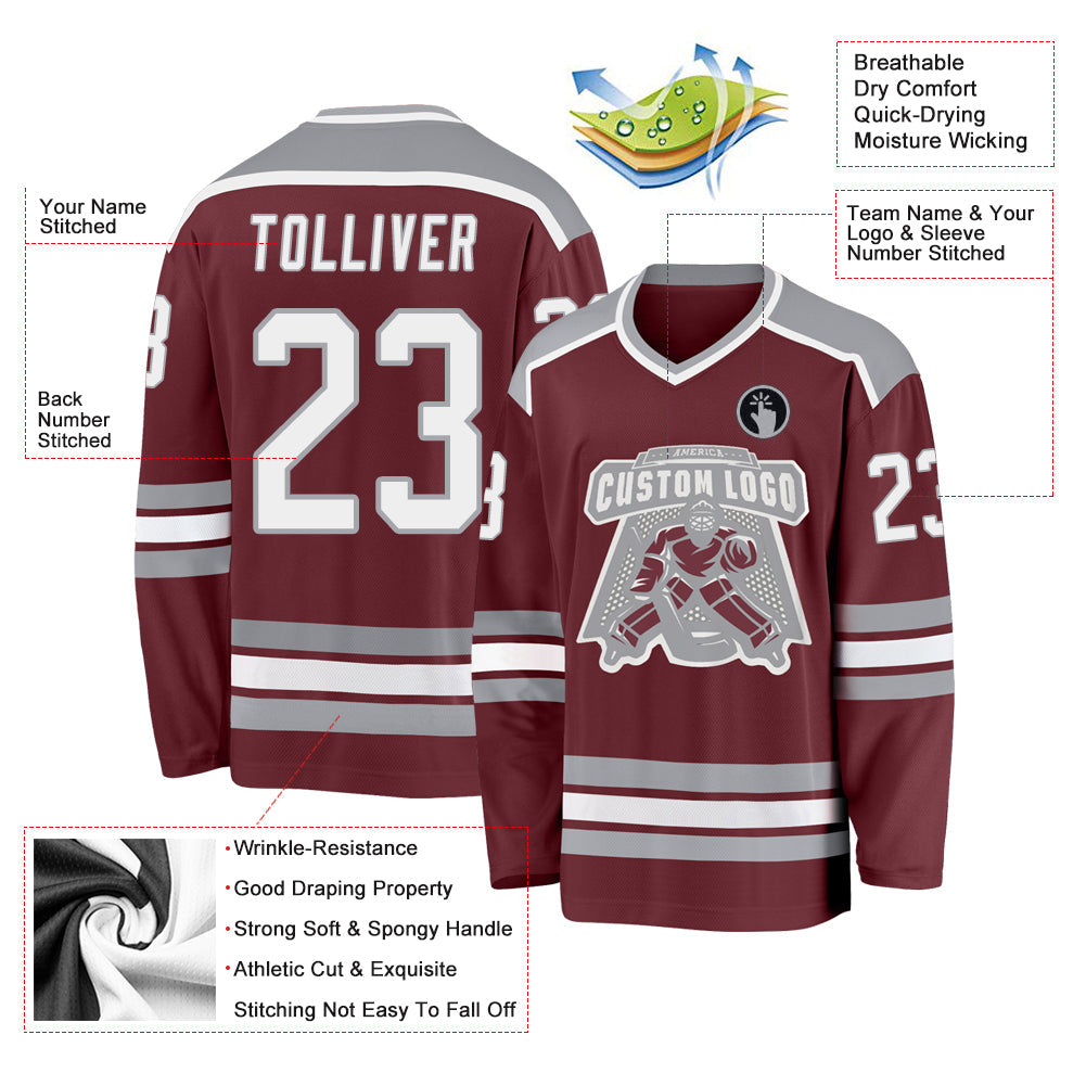 Custom Burgundy White-Gray Hockey Jersey - Sky-Custom